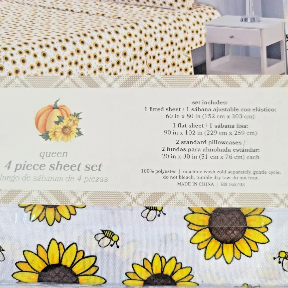 Sunflowers Honey Bees 4pc QUEEN Sheets Set Harvest Fall Sunflower Field Garden